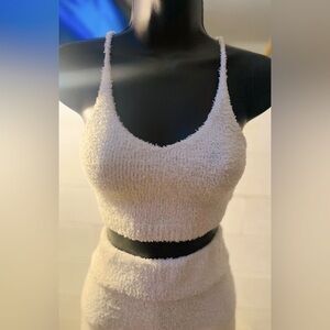 SHEIN white fuzzy crop top and high waist short set, size L